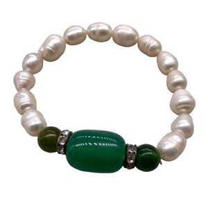 Green Stone Baroque Pearl Beads Stretch Bracelet Beach Sea Nature Casual College